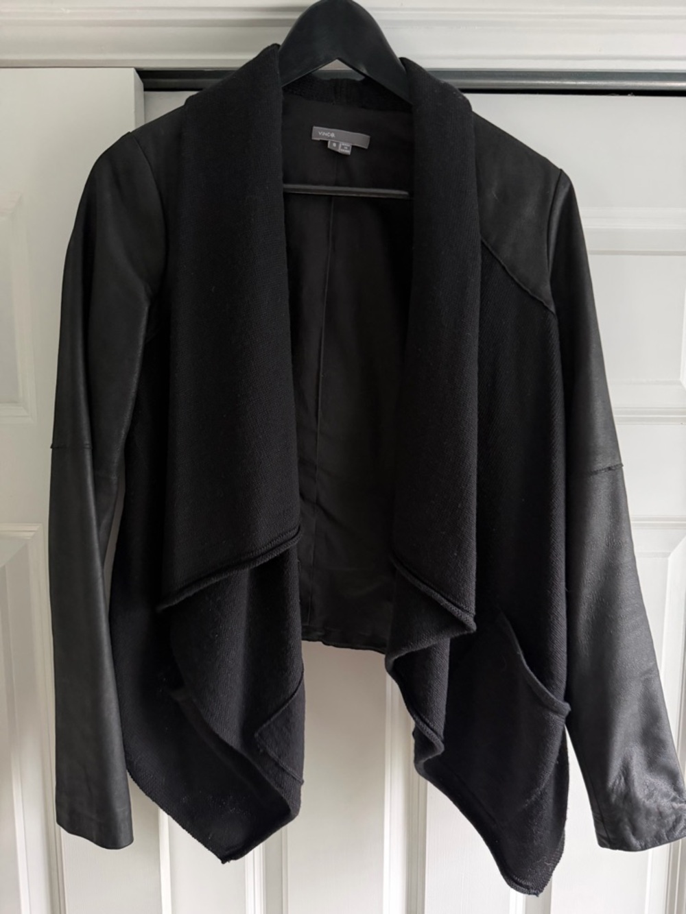 Vince Black Open-Front Knit Cardigan with Leather-Look Sleeves